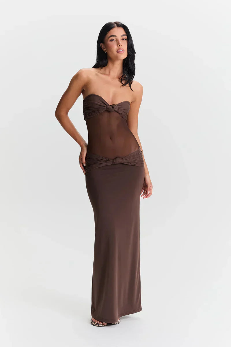 Twist-Knot Mesh Panel Maxi Dress - Elegant Evening Wear for Women