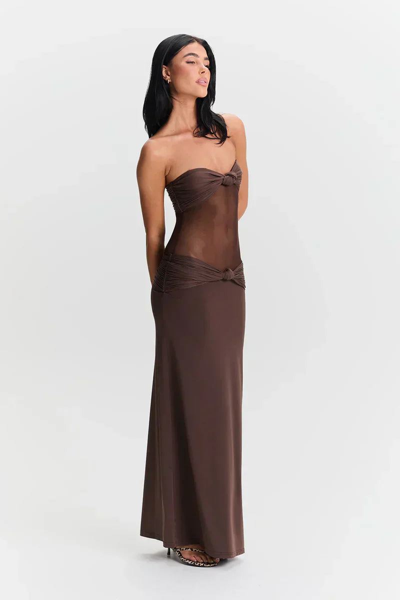 Twist-Knot Mesh Panel Maxi Dress - Elegant Evening Wear for Women