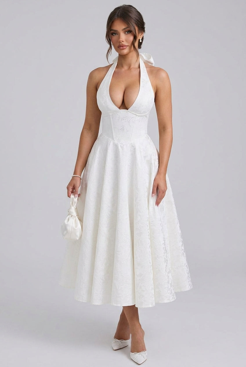 Halter Neck Floral Jacquard Midi Dress for Women - Elegant Summer Outfit