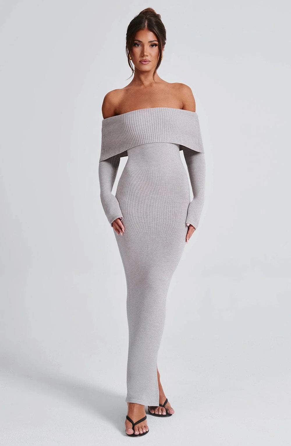 Off-Shoulder Black Maxi Dress | Premium Knitted Gown for Evening Events