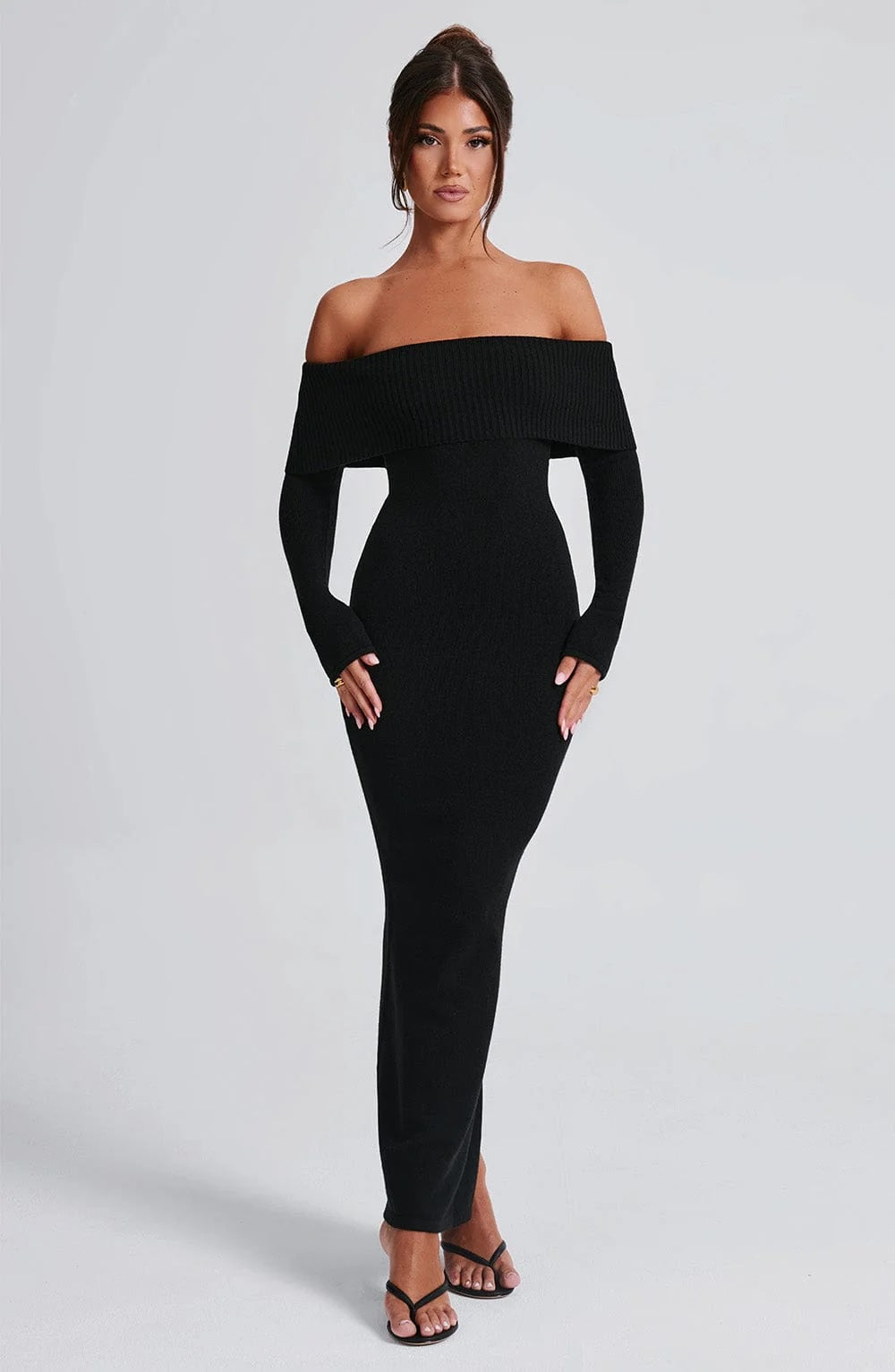 Off-Shoulder Black Maxi Dress | Premium Knitted Gown for Evening Events