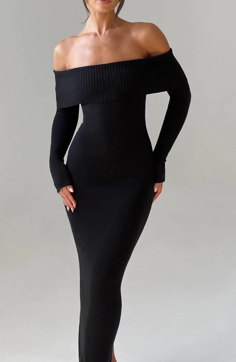 Off-Shoulder Black Maxi Dress | Premium Knitted Gown for Evening Events