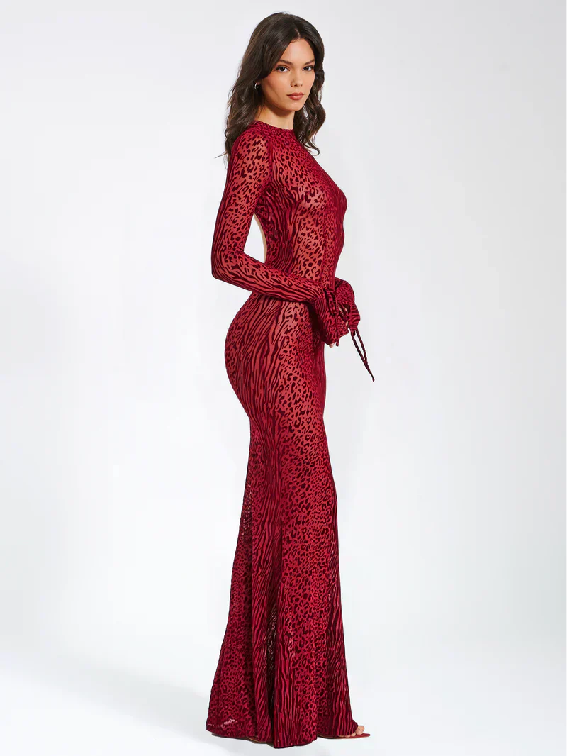 Animal Print Semi-Sheer Mesh Maxi Dress with Sculpted Design for Casual Wear