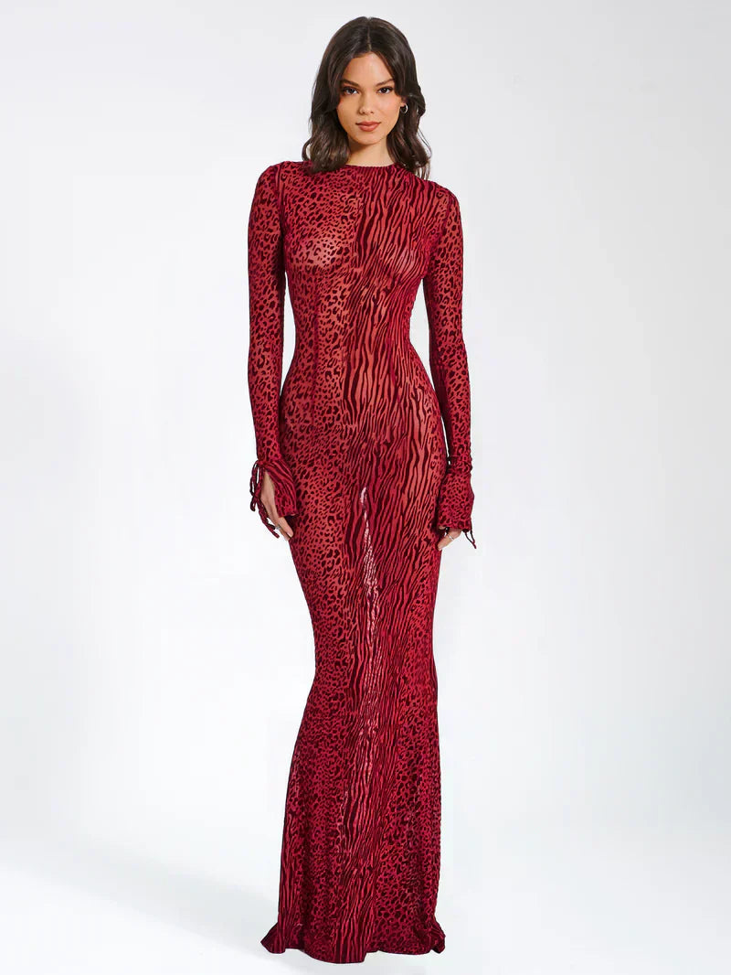 Animal Print Semi-Sheer Mesh Maxi Dress with Sculpted Design for Casual Wear