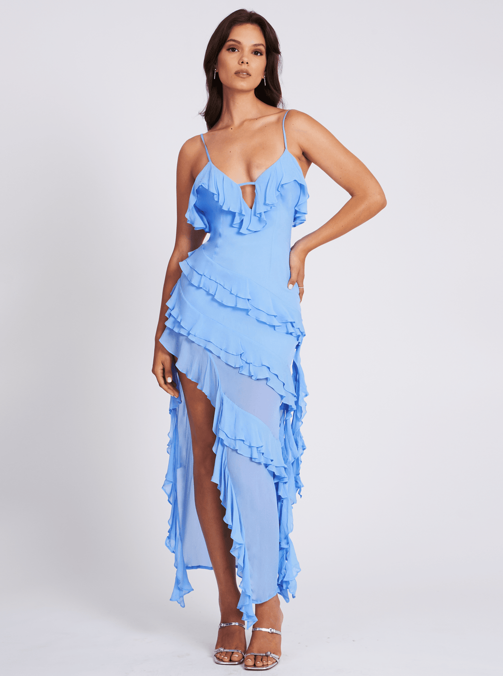 Blue Georgette Maxi Dress with Ruffle Details for Summer Events