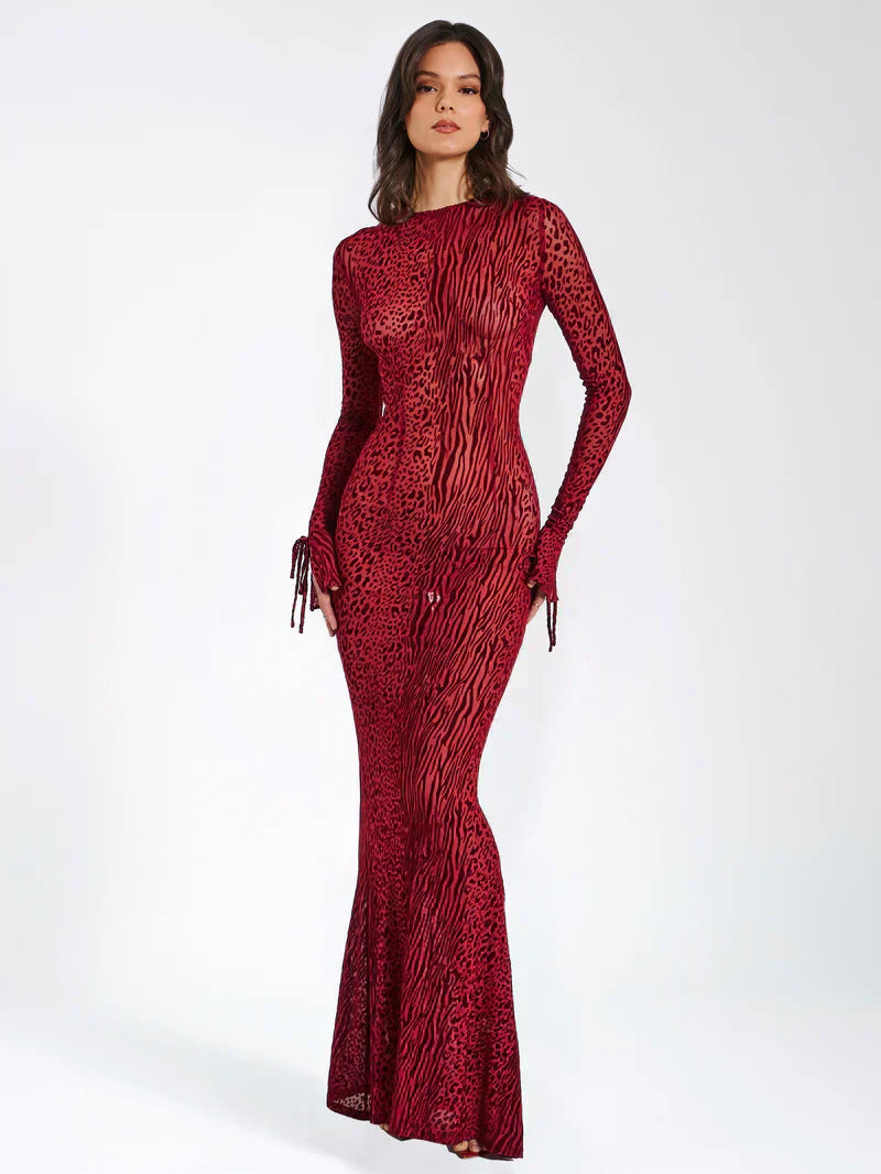 Animal Print Semi-Sheer Mesh Maxi Dress with Sculpted Design for Casual Wear