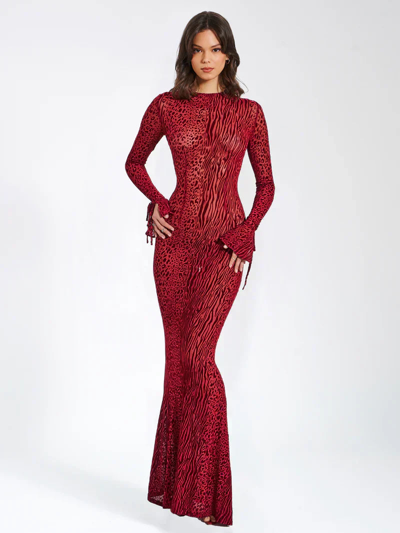 Animal Print Semi-Sheer Mesh Maxi Dress with Sculpted Design for Casual Wear