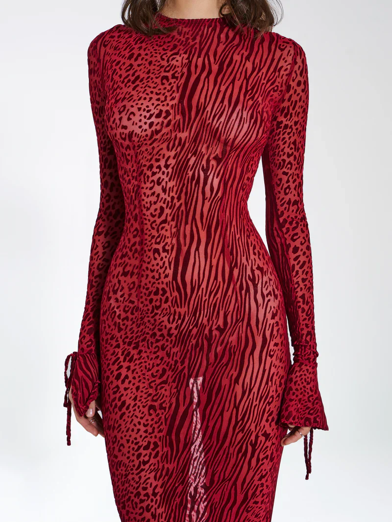 Animal Print Semi-Sheer Mesh Maxi Dress with Sculpted Design for Casual Wear