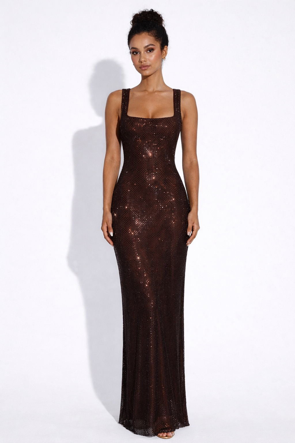 Sculpted Square Neck Crystal Mesh Maxi Dress for Evening Events
