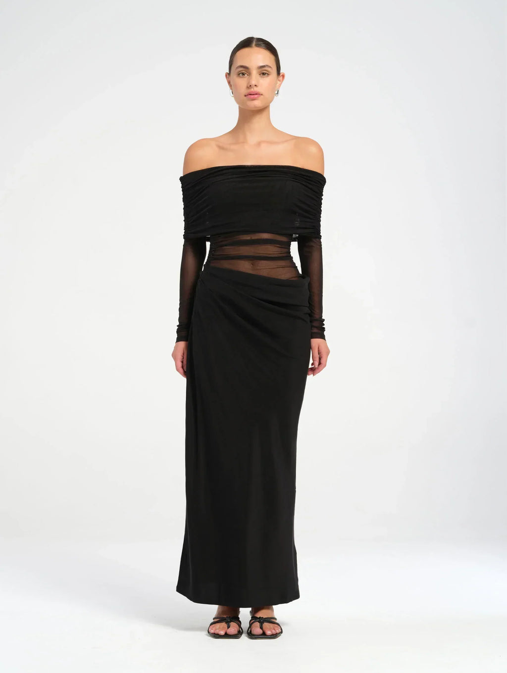 Sheer Mesh Off-Shoulder Cowl Maxi Dress for Evening Events