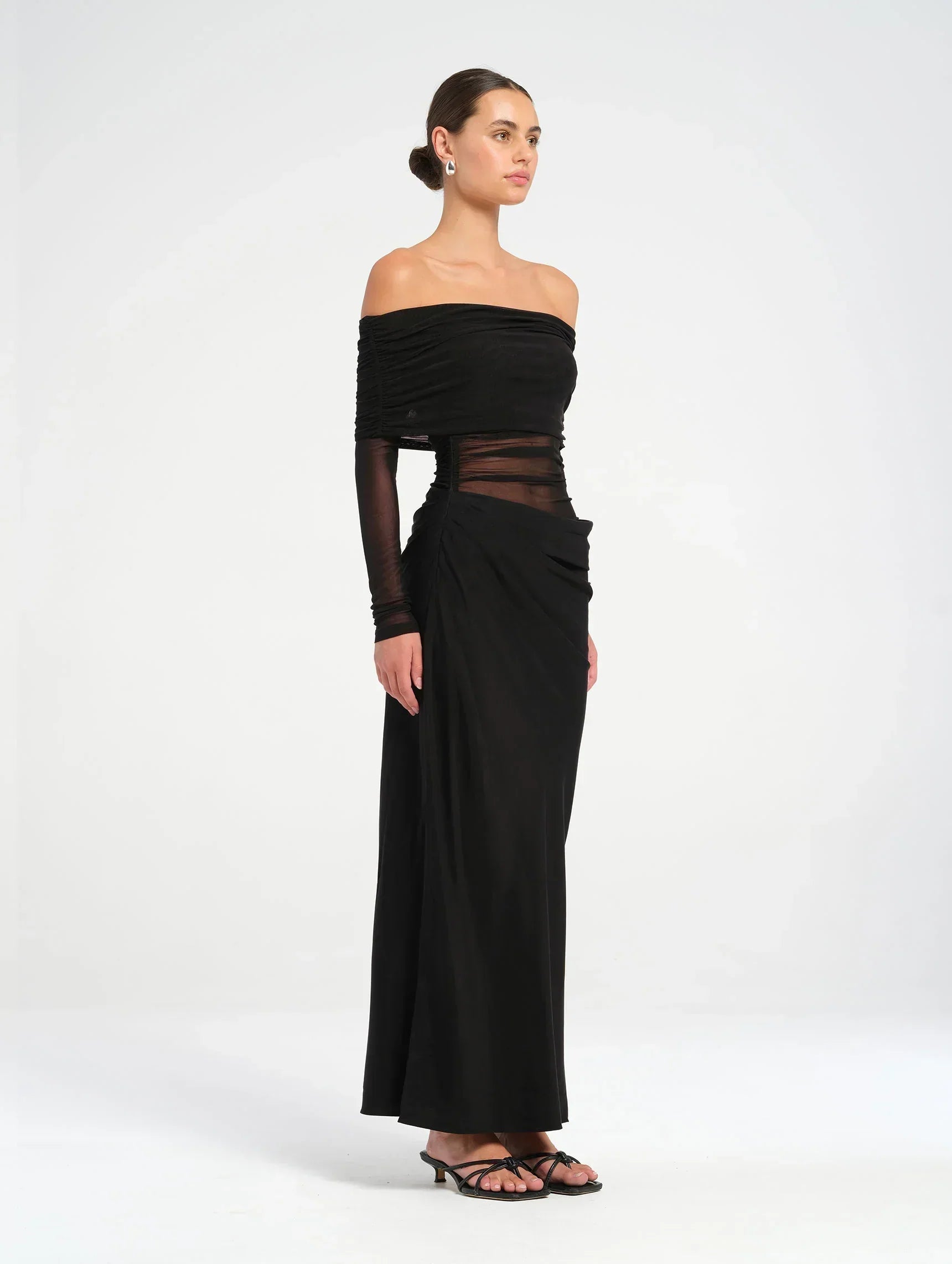 Sheer Mesh Off-Shoulder Cowl Maxi Dress for Evening Events