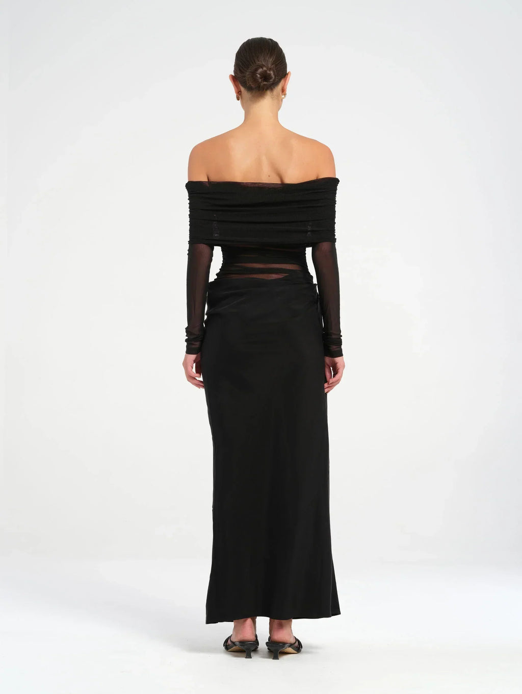Sheer Mesh Off-Shoulder Cowl Maxi Dress for Evening Events