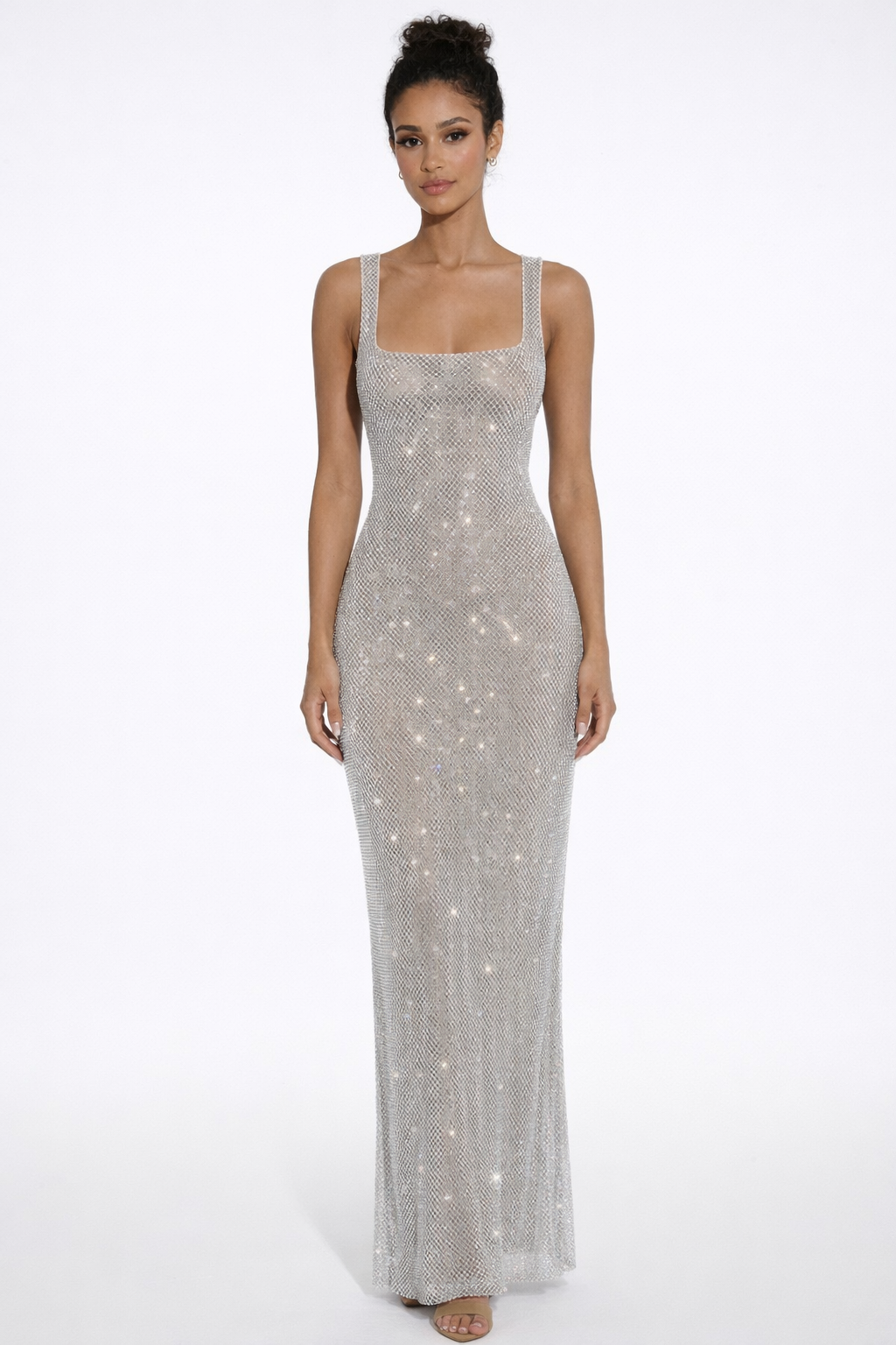 Sculpted Square Neck Crystal Mesh Maxi Dress for Evening Events