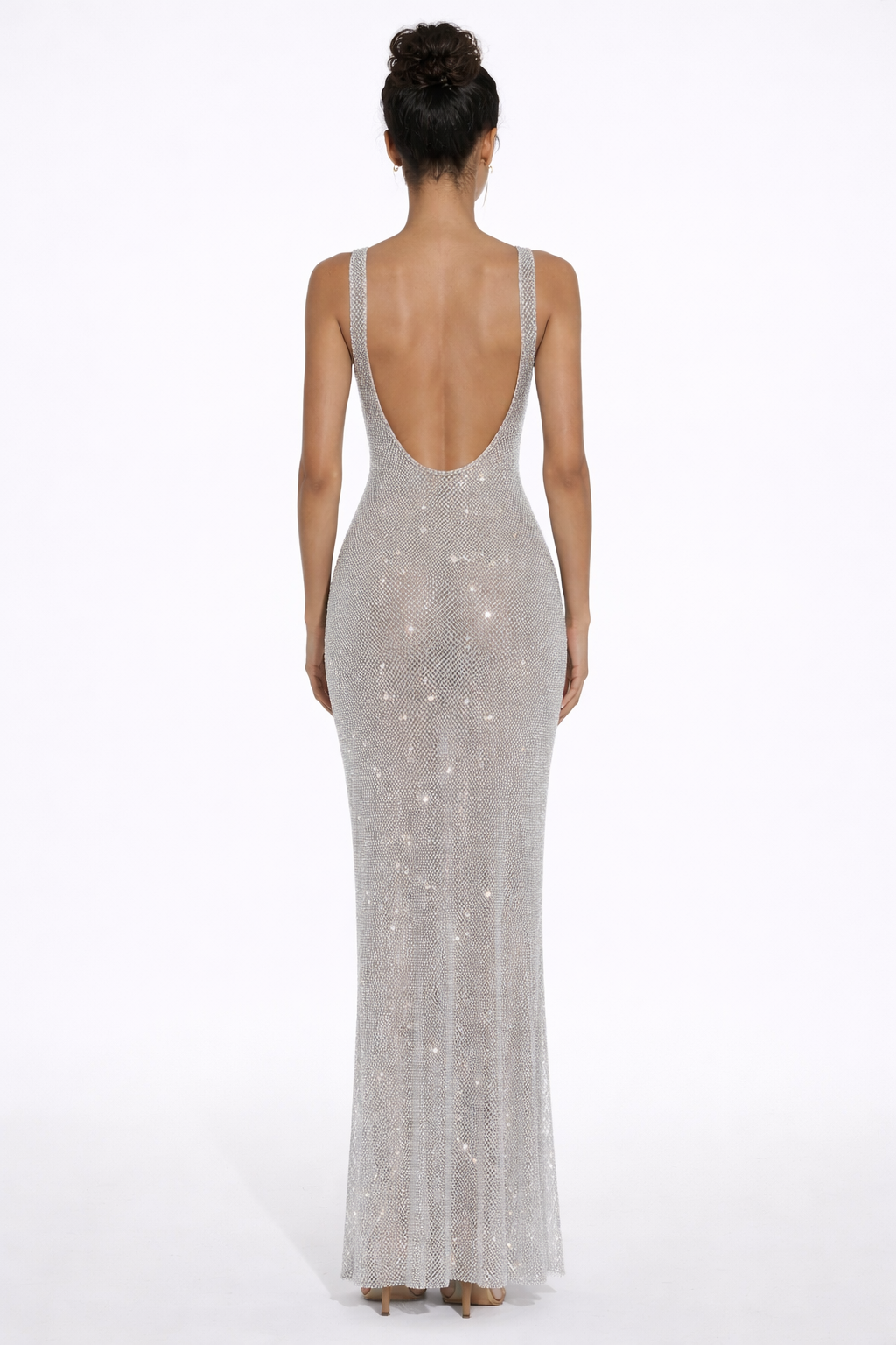 Embellished Crystal Mesh Maxi Dress with Square Neck for Evening Events