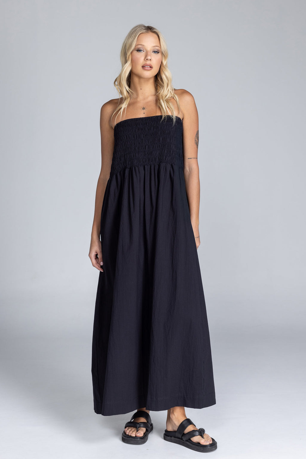 Strapless Shirred Maxi Dress in Lightweight Fabric for Summer Events