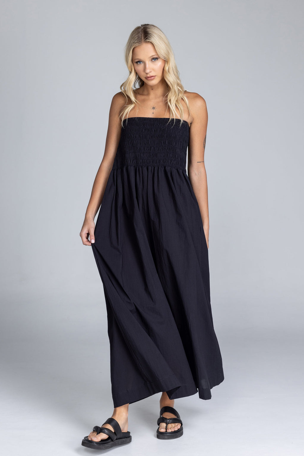 Strapless Shirred Maxi Dress in Lightweight Fabric for Summer Events