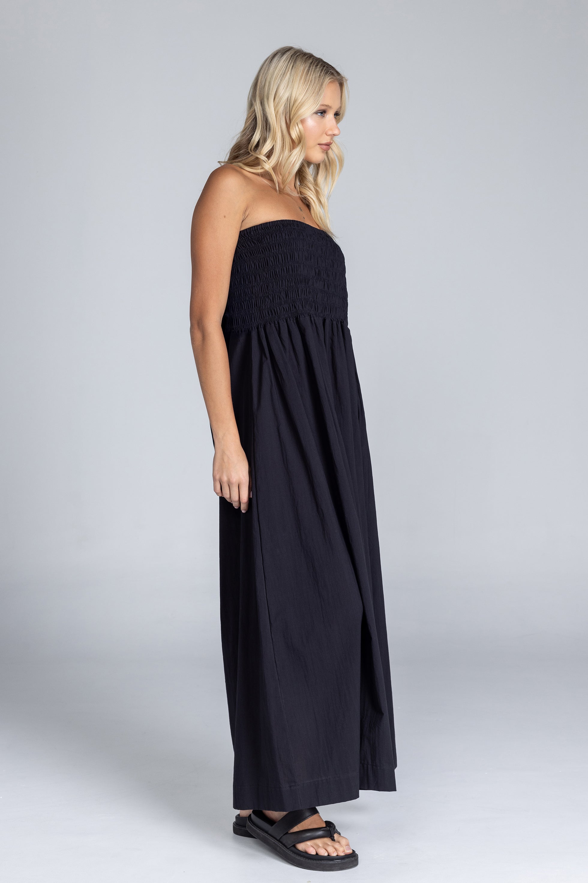 Strapless Shirred Maxi Dress in Lightweight Fabric for Summer Events