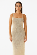 Metallic Knit Maxi Dress with Lace-Up Back and Thigh-High Slit for Evening Wear