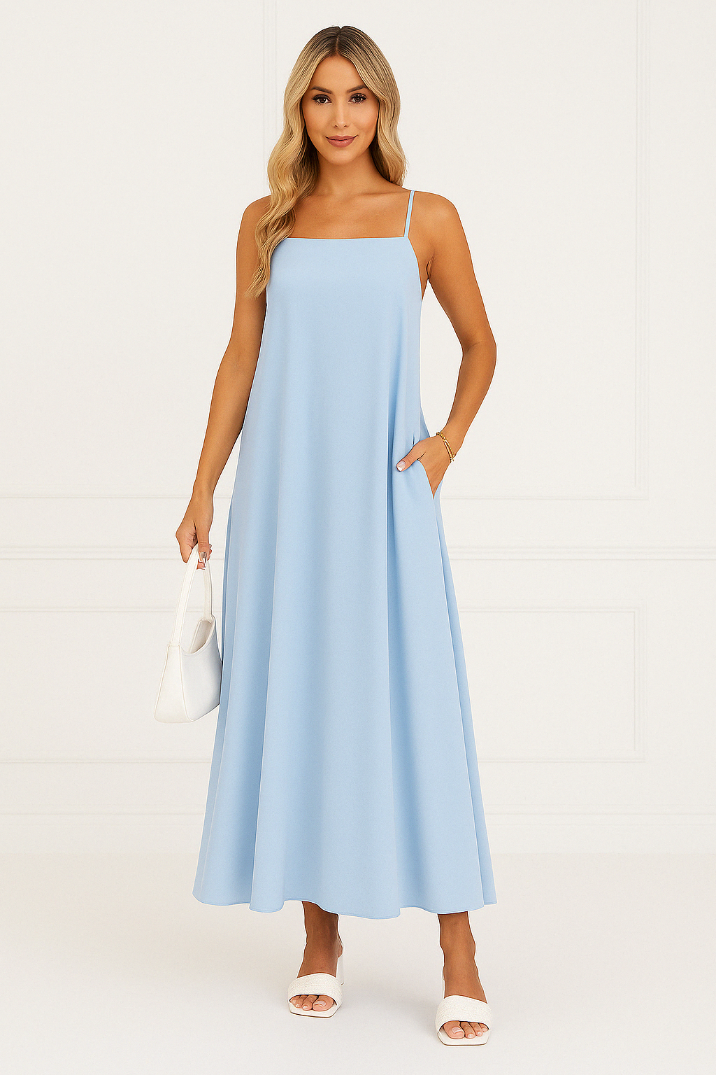 A-Line Spaghetti Strap Midi Dress for Women | Lightweight Fabric, Casual Wear