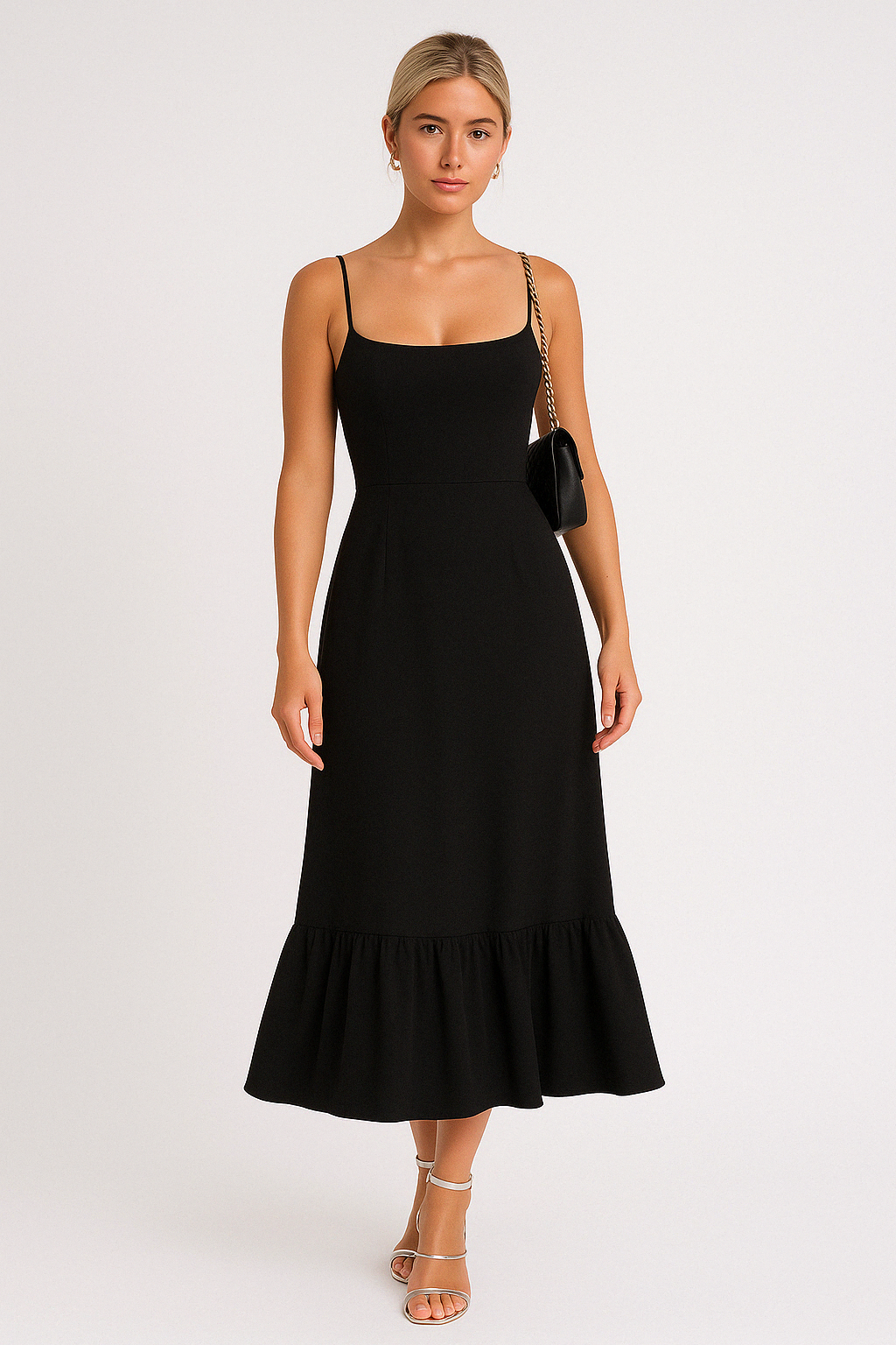 Square Neck Flared Midi Dress with Ruffled Hem for Casual Wear