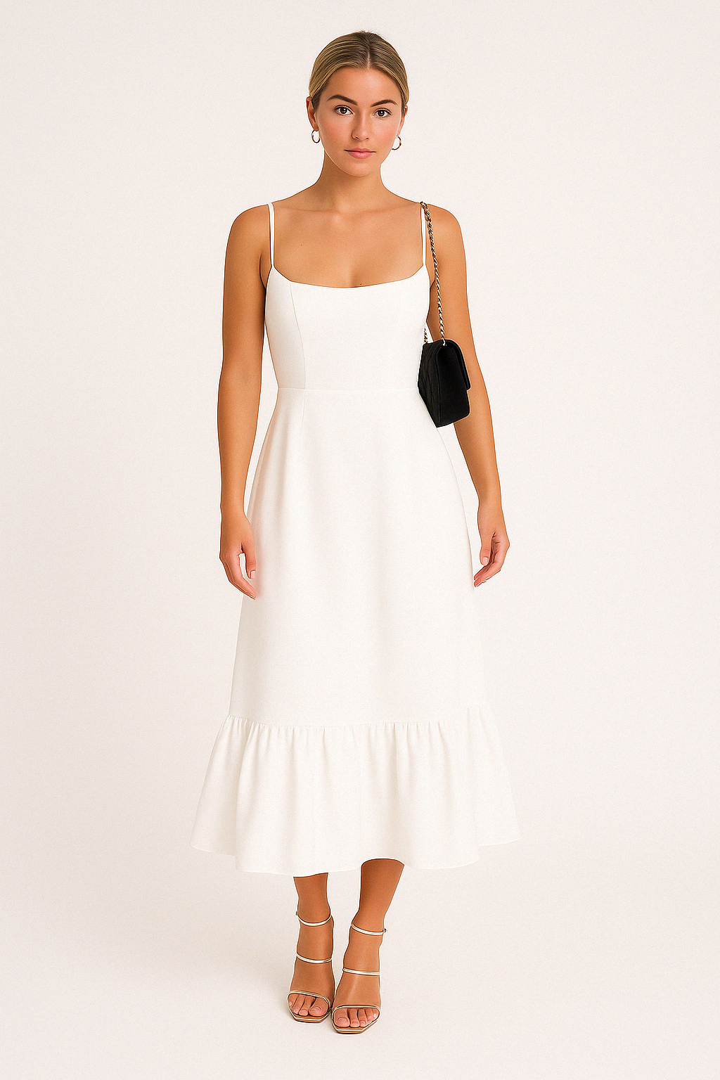 Square Neck Flared Midi Dress with Ruffled Hem for Casual Wear