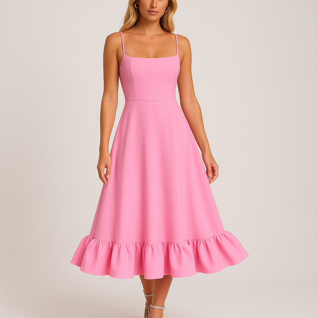 Square Neck Flared Midi Dress with Ruffled Hem for Casual Wear