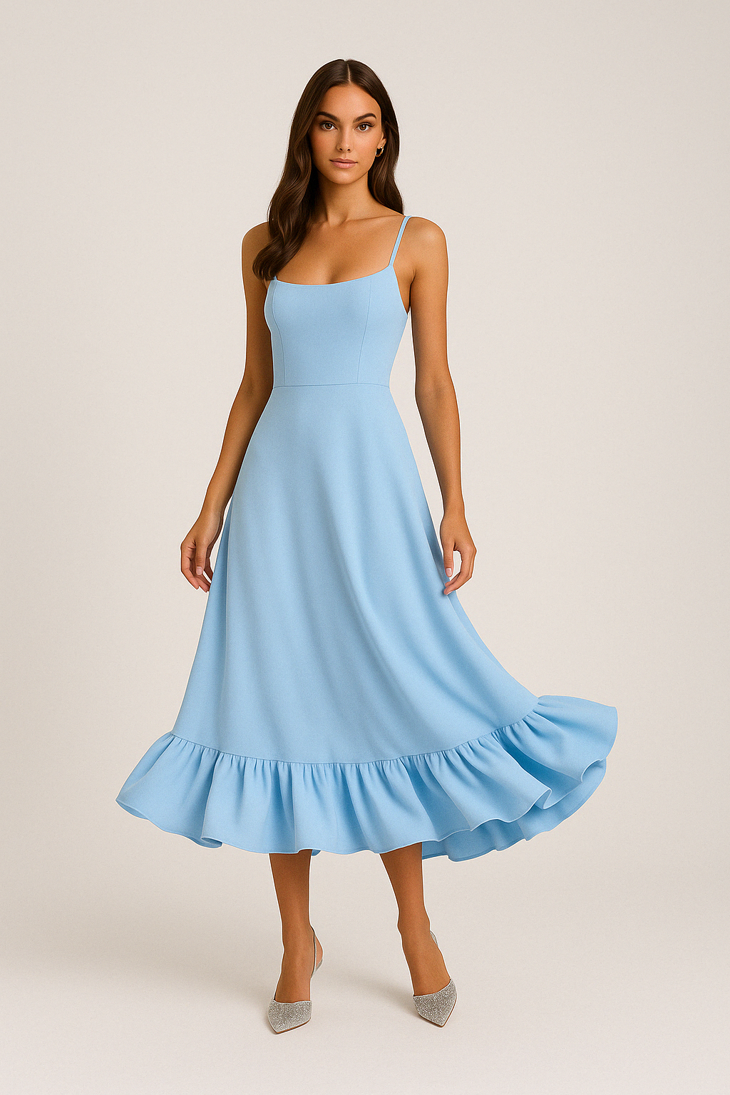 Square Neck Flared Midi Dress with Ruffled Hem for Casual Wear