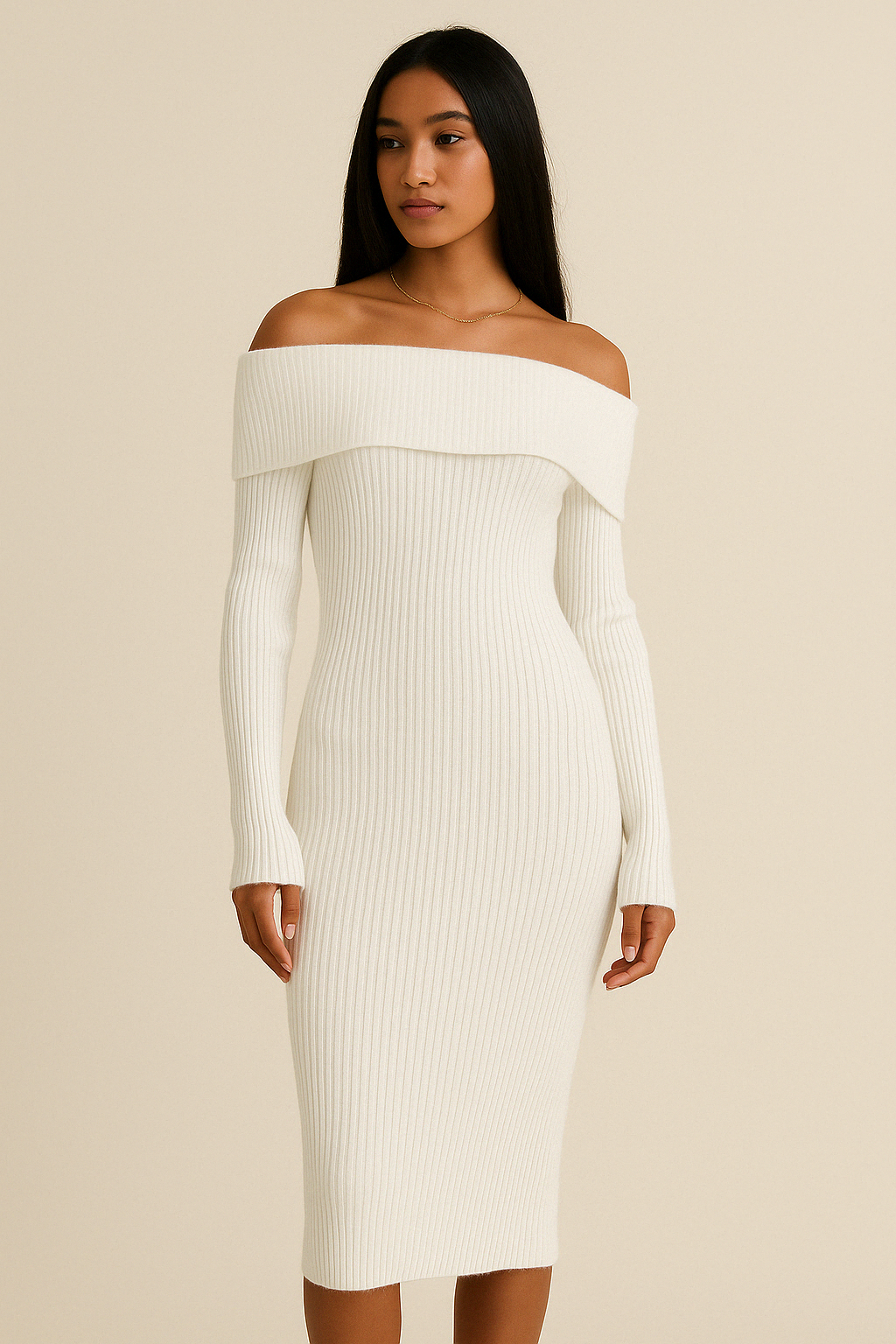 Off-The-Shoulder Ribbed Knit Midi Dress for Casual Wear