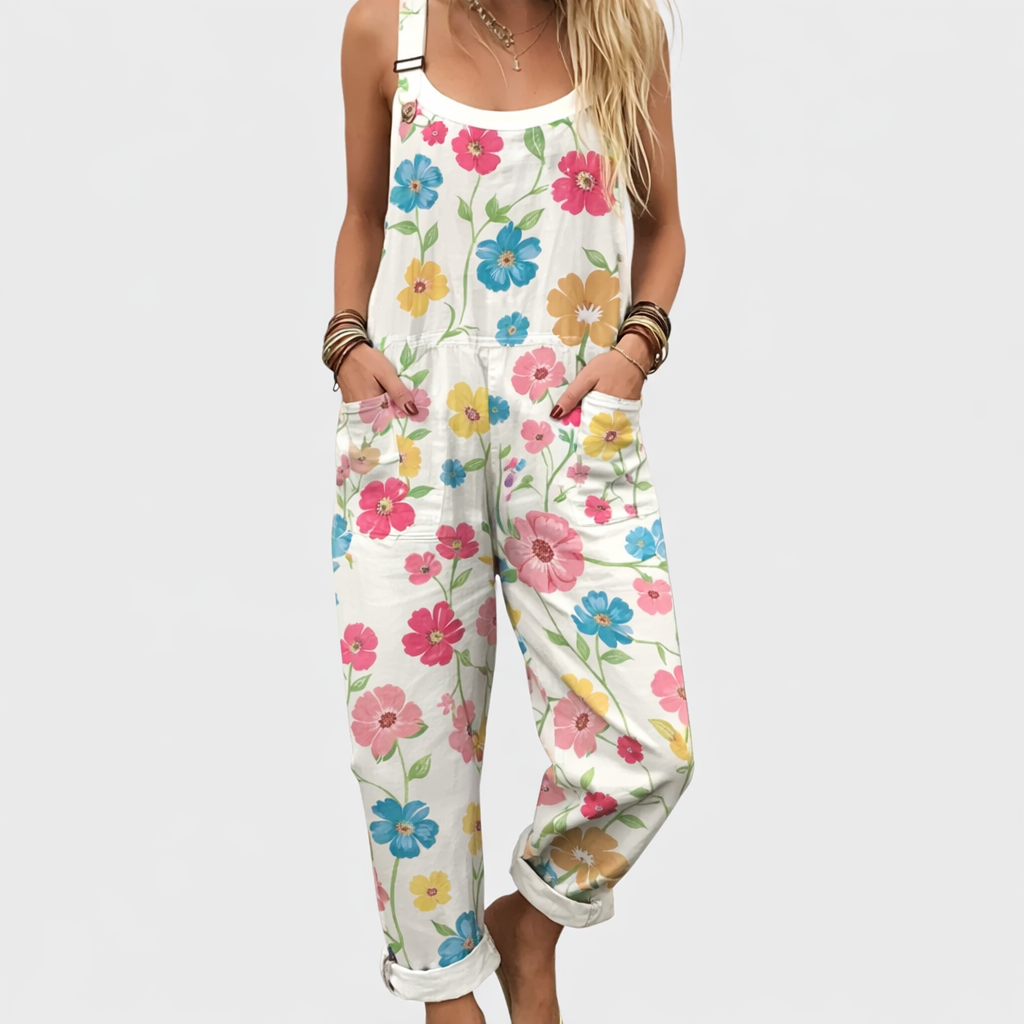 White Floral Flowy Dungarees