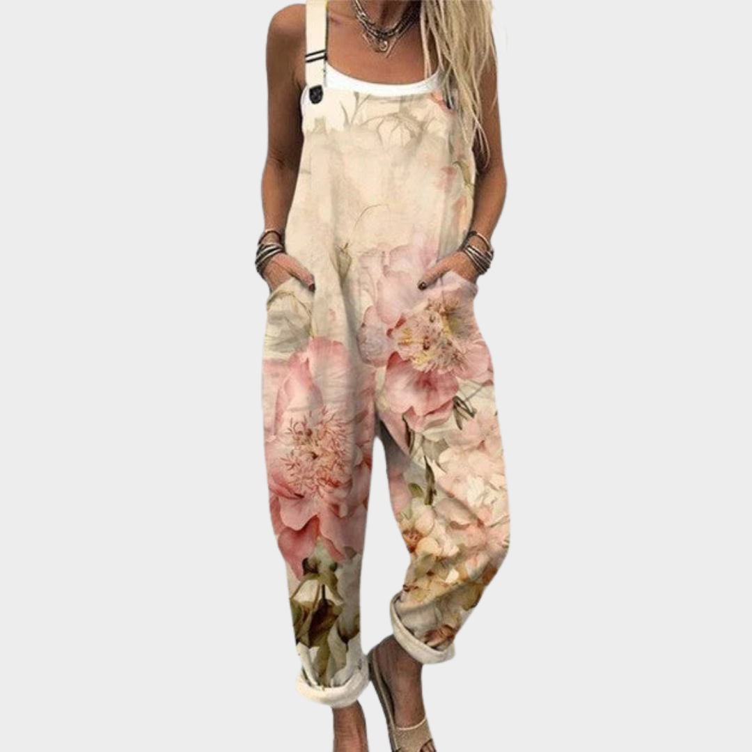Beige Loose-Fit Printed Dungarees