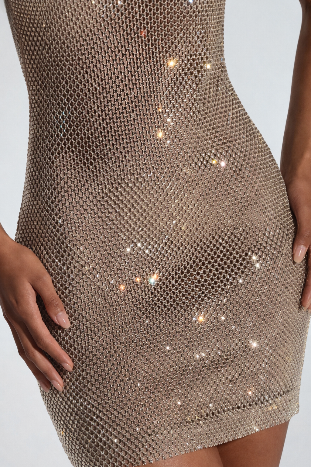 Rhinestone Stretch Net Mini Dress with Square Neck for Evening Wear