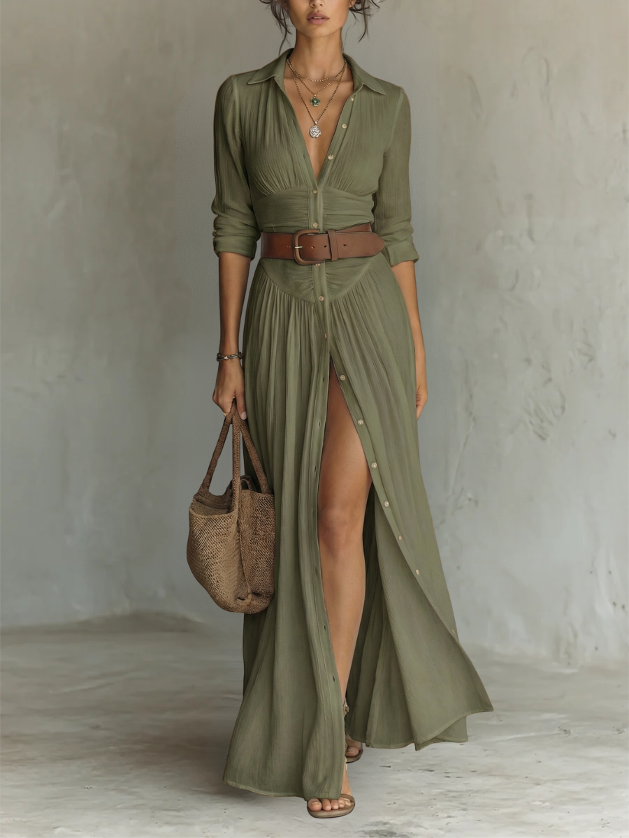 Alba | Long Maxi Dress with Notched Collar and Long Sleeves