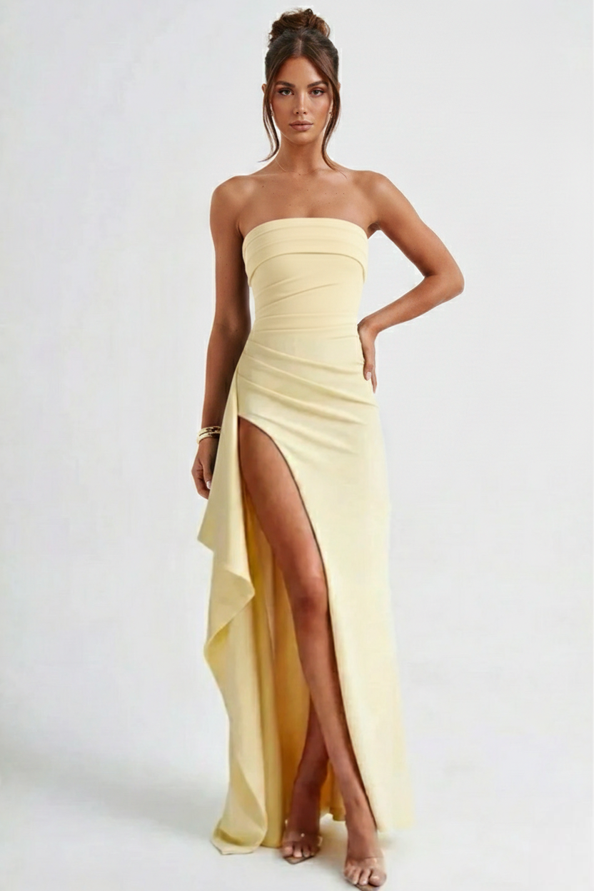 Strapless Ruched Crepe Maxi Dress with Thigh-High Split for Formal Events
