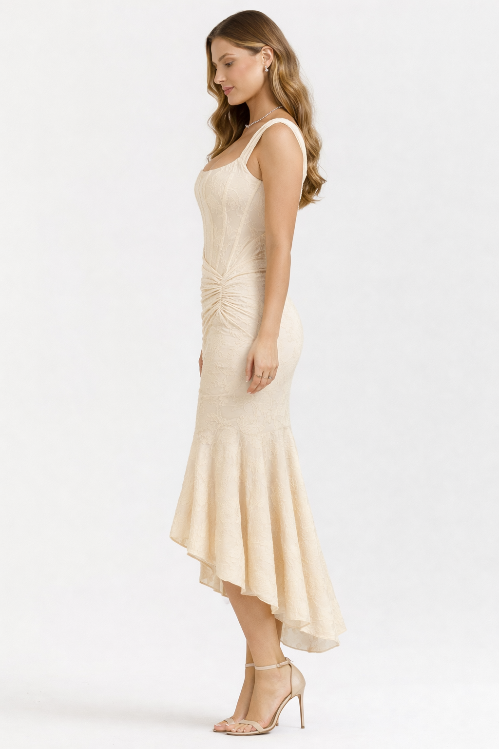 Bias Cut Satin Midi Dress in Luminous Neutral for Elegant Evening Wear
