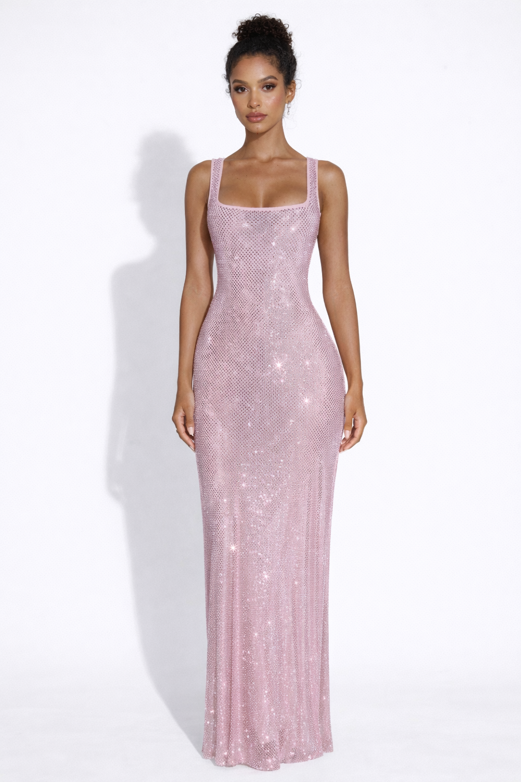 Embellished Crystal Mesh Maxi Dress with Square Neck for Evening Events