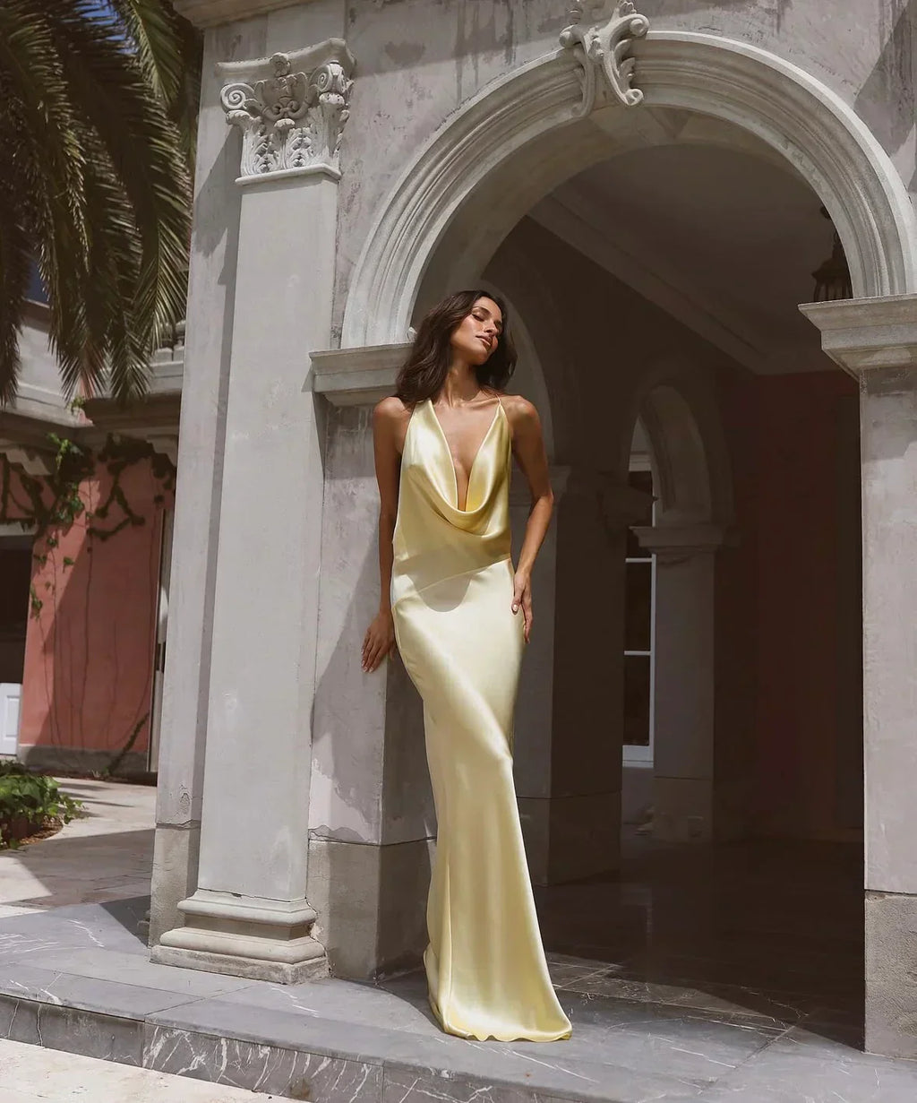 Cowl Neck Open Back Satin Maxi Dress for Evening Events and Formal Occasions