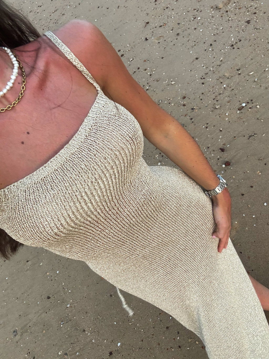 Metallic Knit Maxi Dress with Lace-Up Back and Thigh-High Slit for Evening Wear