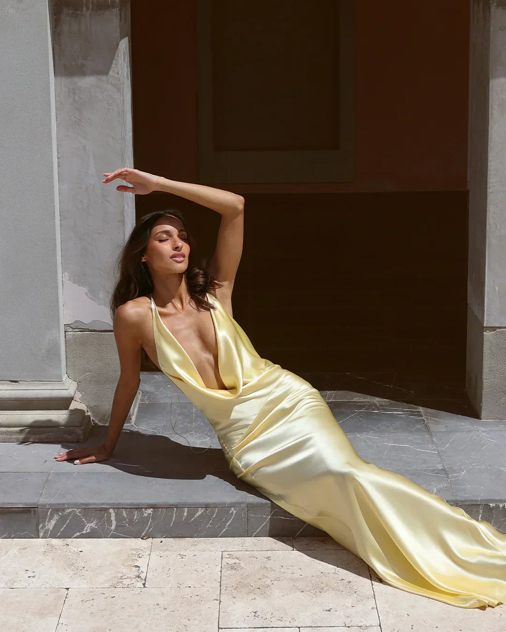 Cowl Neck Open Back Satin Maxi Dress for Evening Events and Formal Occasions
