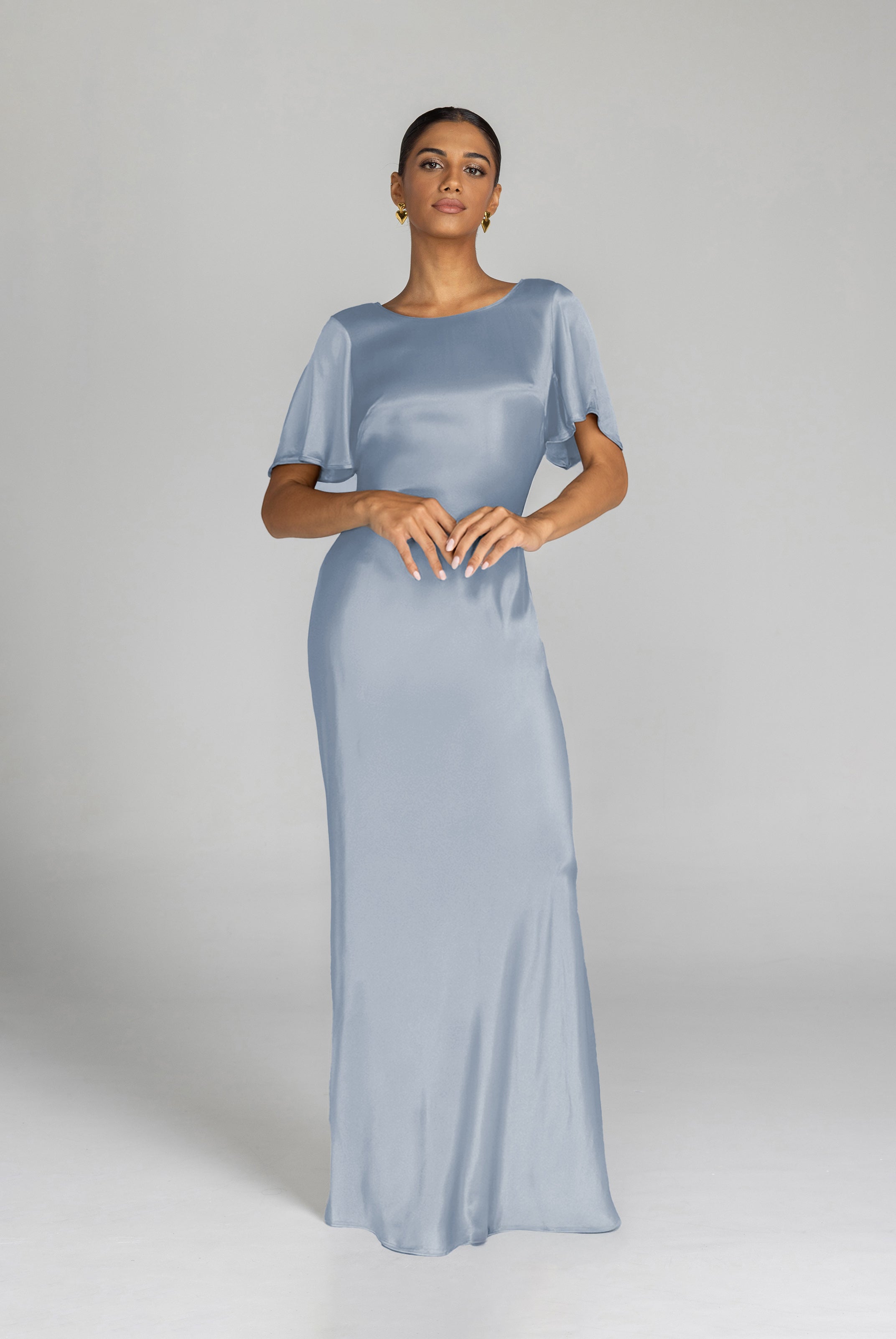 Ice Blue Satin Midi Dress for Special Occasions - Elegant Evening Wear
