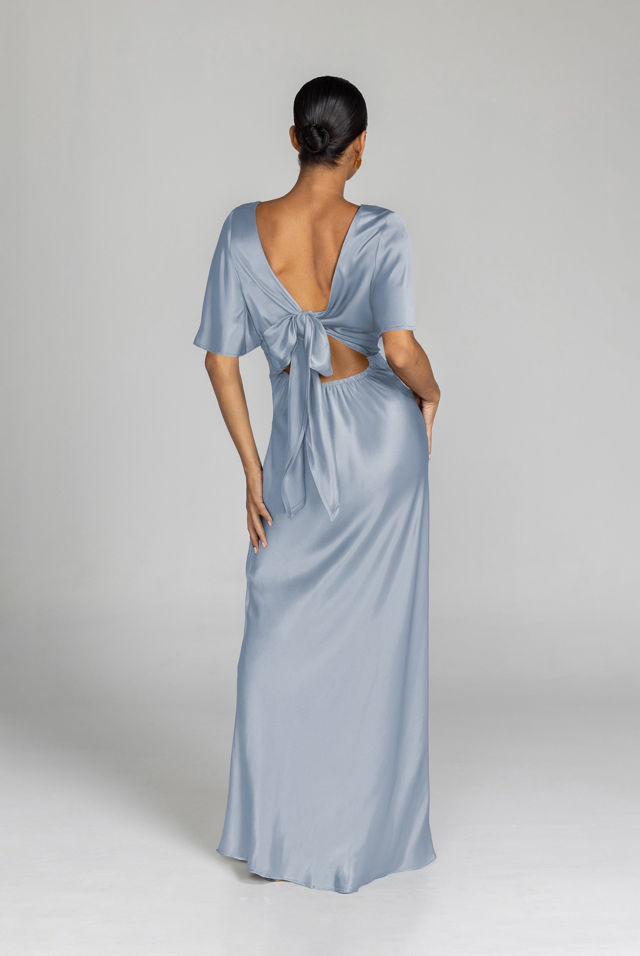 Ice Blue Satin Midi Dress for Special Occasions - Elegant Evening Wear