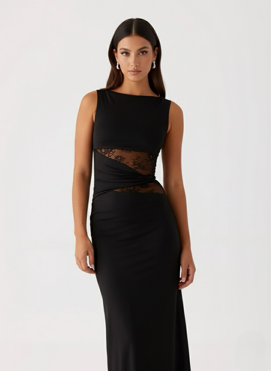 Black Maxi Dress with Lace Cutout Waist - Elegant Evening Wear for Women