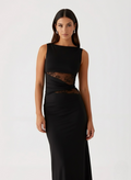 Black Maxi Dress with Lace Cutout Waist - Elegant Evening Wear for Women
