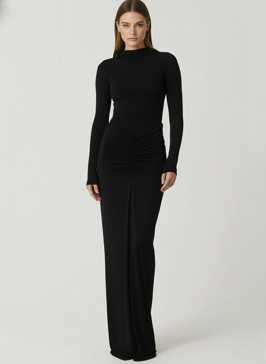 Ruched Long Sleeve Maxi Dress in Elegant Fabric for Formal Events
