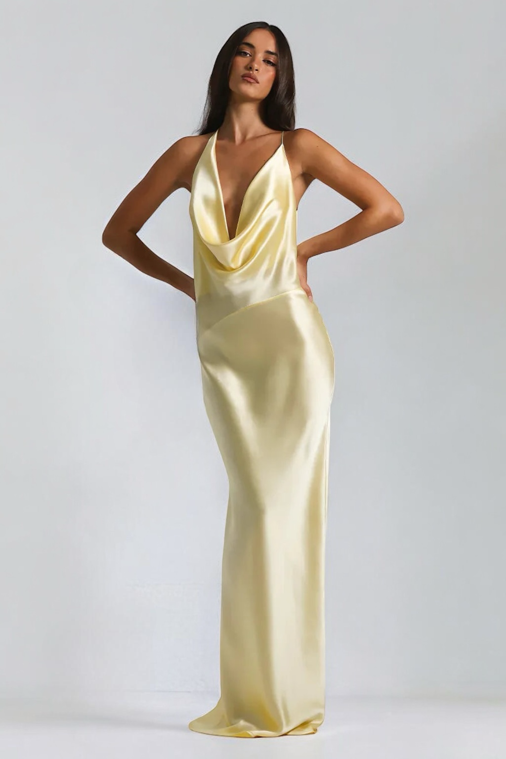 Cowl Neck Open Back Satin Maxi Dress for Evening Events and Formal Occasions