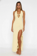 Plunge Neck Ruffled Maxi Dress with Thigh-High Slit for Evening Wear