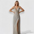 Elegant High-Slit Maxi Dress in Draped Fabric for Formal Events and Parties