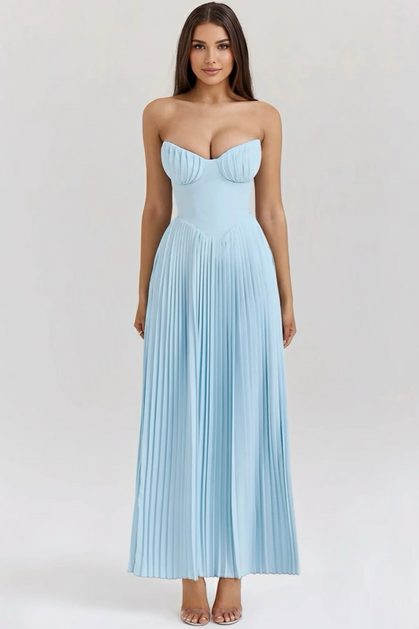 Underwired Pleated Strapless A-Line Maxi Dress for Formal Events