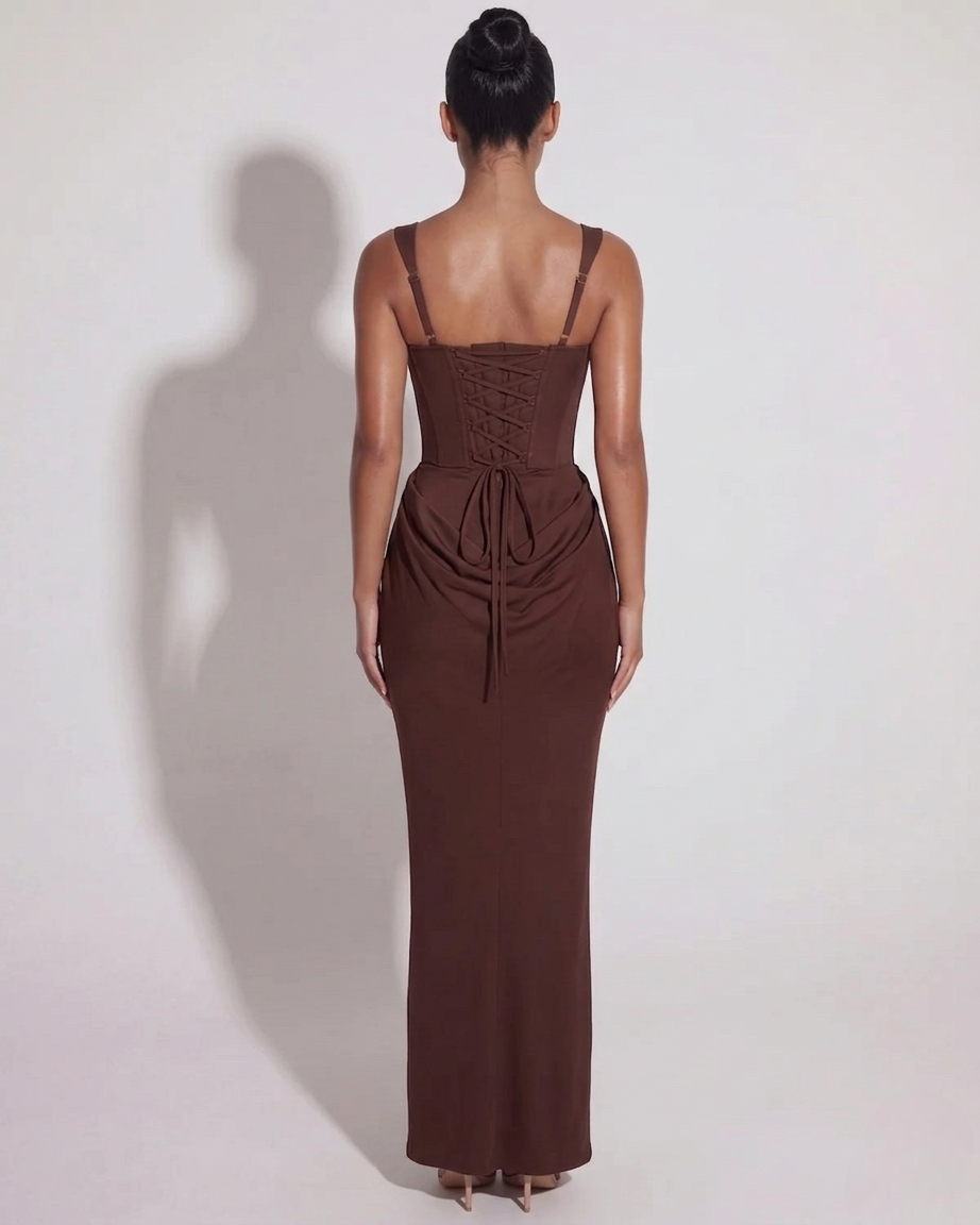 Structured Lace-Up Maxi Dress in Midnight - Elegant Evening Wear for Women