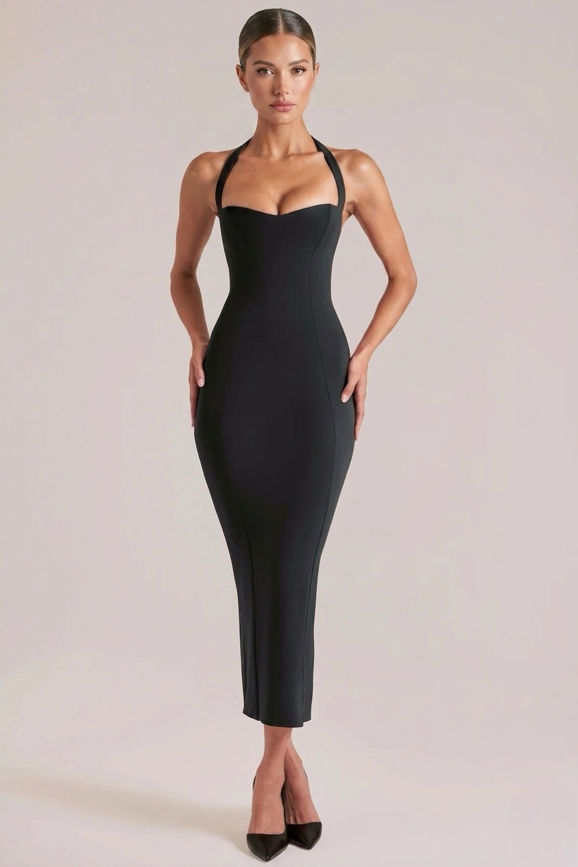 Halter Sweetheart Midi Dress with Fluted Hem - Sculpting Fit for Events
