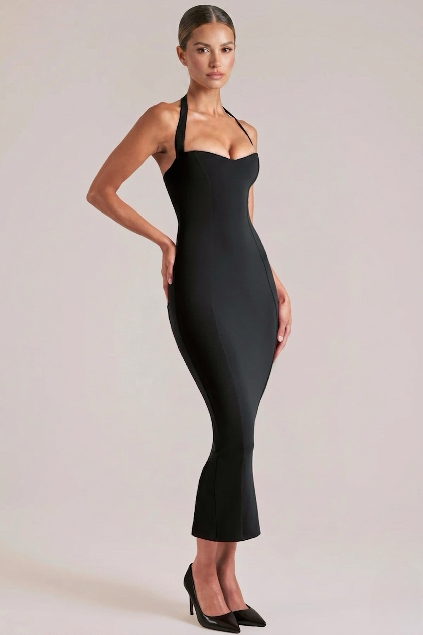 Halter Sweetheart Midi Dress with Fluted Hem - Sculpting Fit for Events